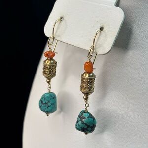 Handcrafted Gold and Turquoise/Coral Dangle Earrings
